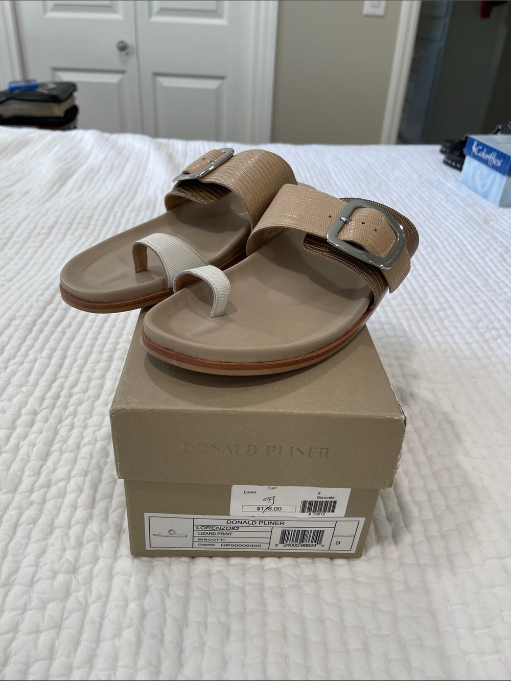 Donald J. Pliner Beige and White Slide Sandals with Buckle